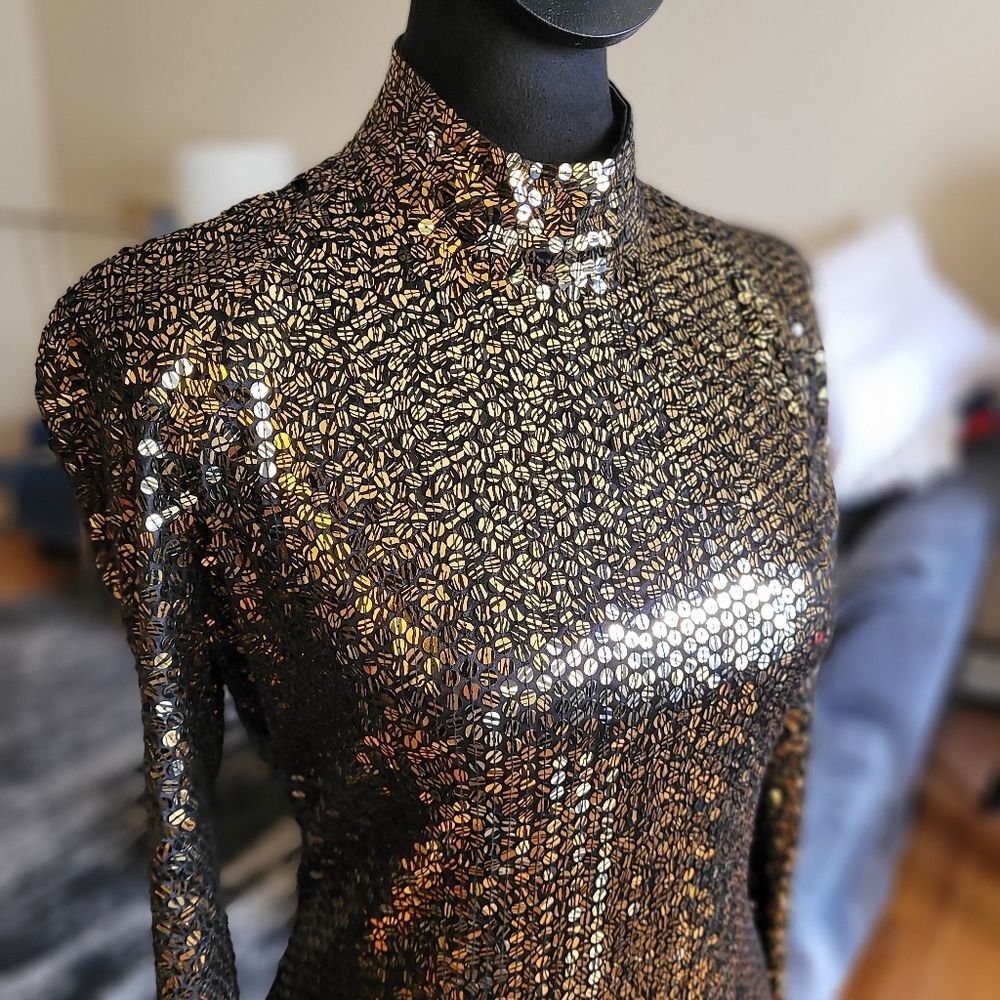 Vintage Sequin Long Sleeve Midi Dress - Gold - Size 8 - Picture 5 of 16